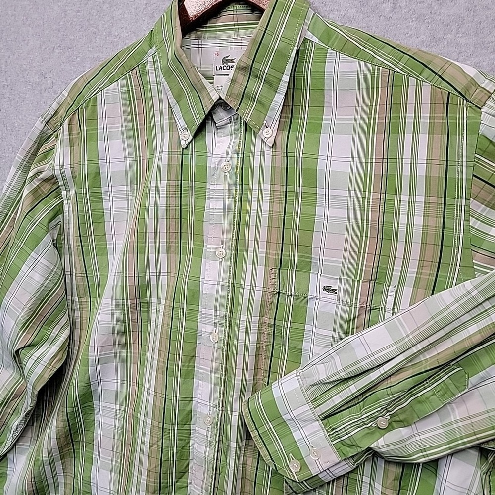 LACOSTE Button Down Dress Shirt Mens Green Plaid LongSleeve Sz 46 Made In France